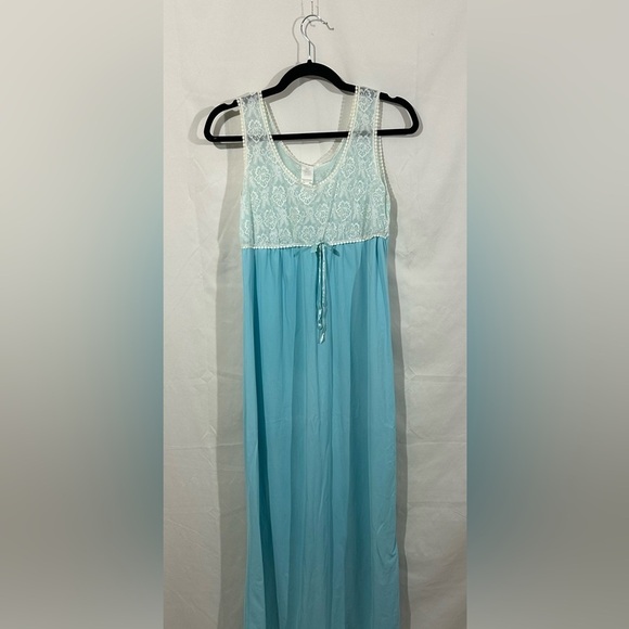 Vintage Aqua Blue Lace Bodice Nightgown Women’s Sleepwear 60s 70s Made in USA M - Picture 4 of 5